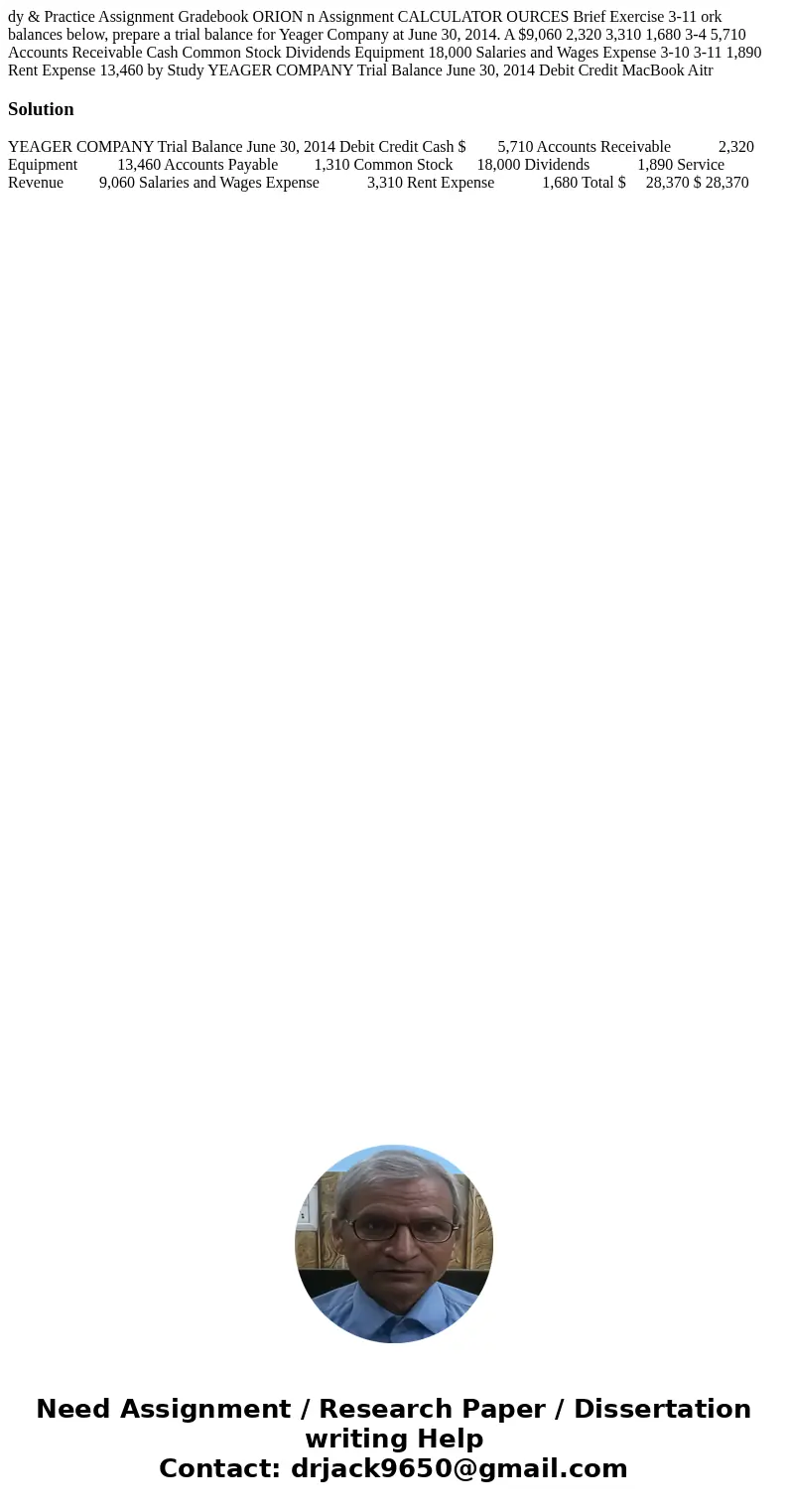  dy & Practice Assignment Gradebook ORION n Assignment CALCULATOR OURCES Brief Exercise 3-11 ork balances below, prepare a trial balance for Yeager Company 
