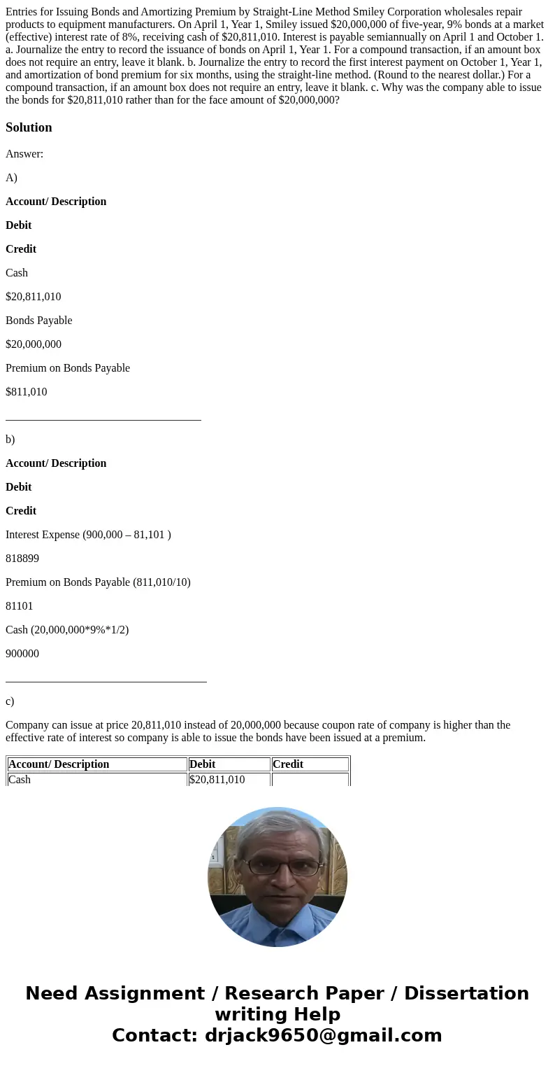 Entries for Issuing Bonds and Amortizing Premium by Straight-Line Method Smiley Corporation wholesales repair products to equipment manufacturers. On April 1,   Entries for Issuing Bonds and Amortizing Premium by Straight-Line Method Smiley Corporation wholesales repair products to equipment manufacturers. On April 1,