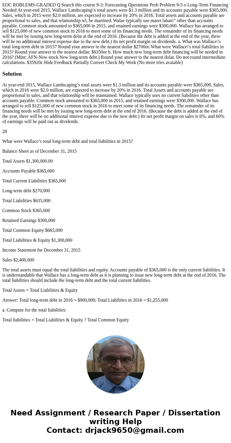  EOC ROBLEMS-GRADED Q Search this course 9-3: Forecasting Operations Prob Problem 9-5 o Long-Term Financing Needed At year-end 2015, Wallace Landscaping\'s tota