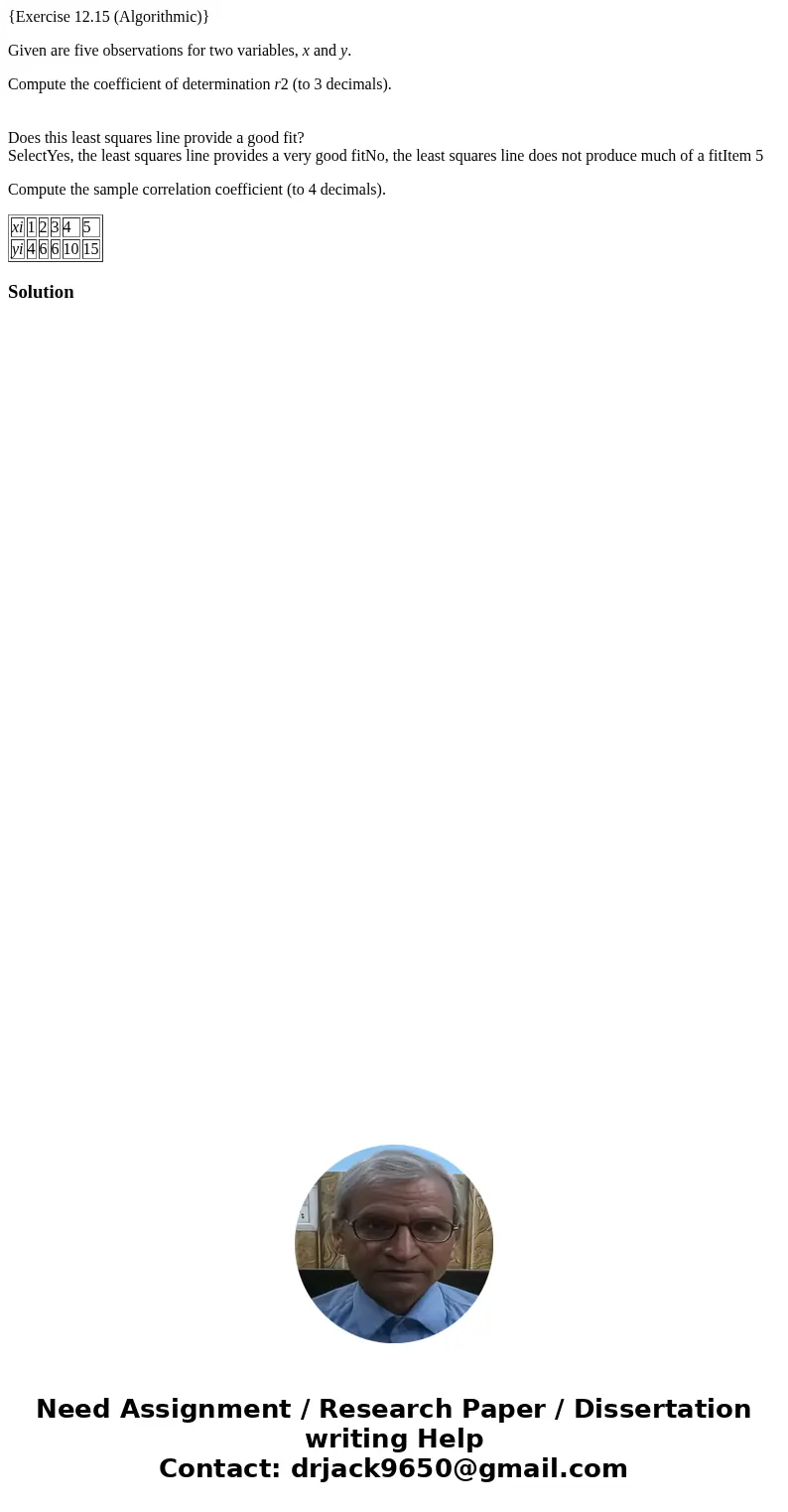 {Exercise 12.15 (Algorithmic)} Given are five observations for two variables, x and y. Compute the coefficient of determination r2 (to 3 decimals). Does this le