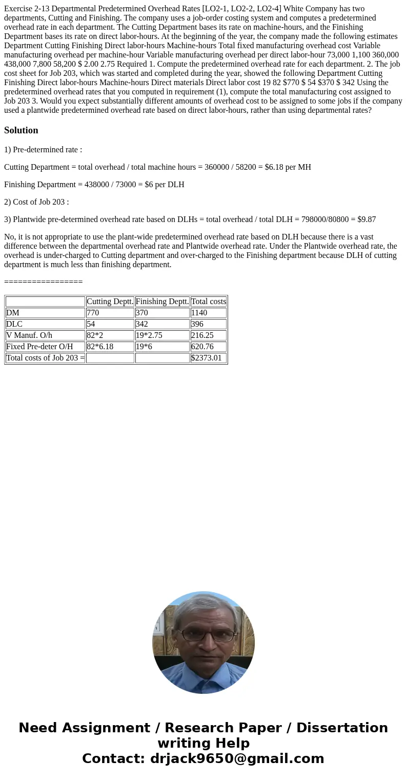  Exercise 2-13 Departmental Predetermined Overhead Rates [LO2-1, LO2-2, LO2-4] White Company has two departments, Cutting and Finishing. The company uses a job-
