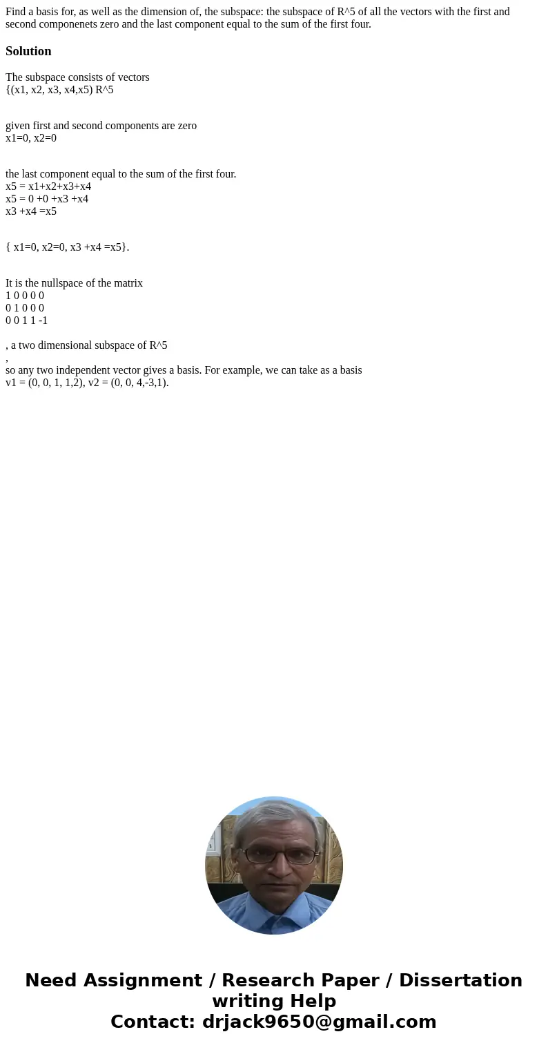 Find a basis for, as well as the dimension of, the subspace: the subspace of R^5 of all the vectors with the first and second componenets zero and the last comp
