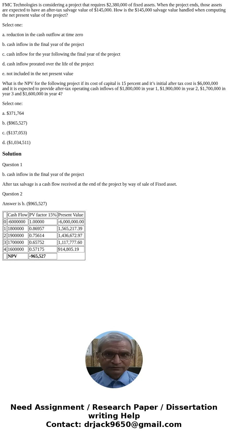 FMC Technologies is considering a project that requires $2,380,000 of fixed assets. When the project ends, those assets are expected to have an after-tax salvag