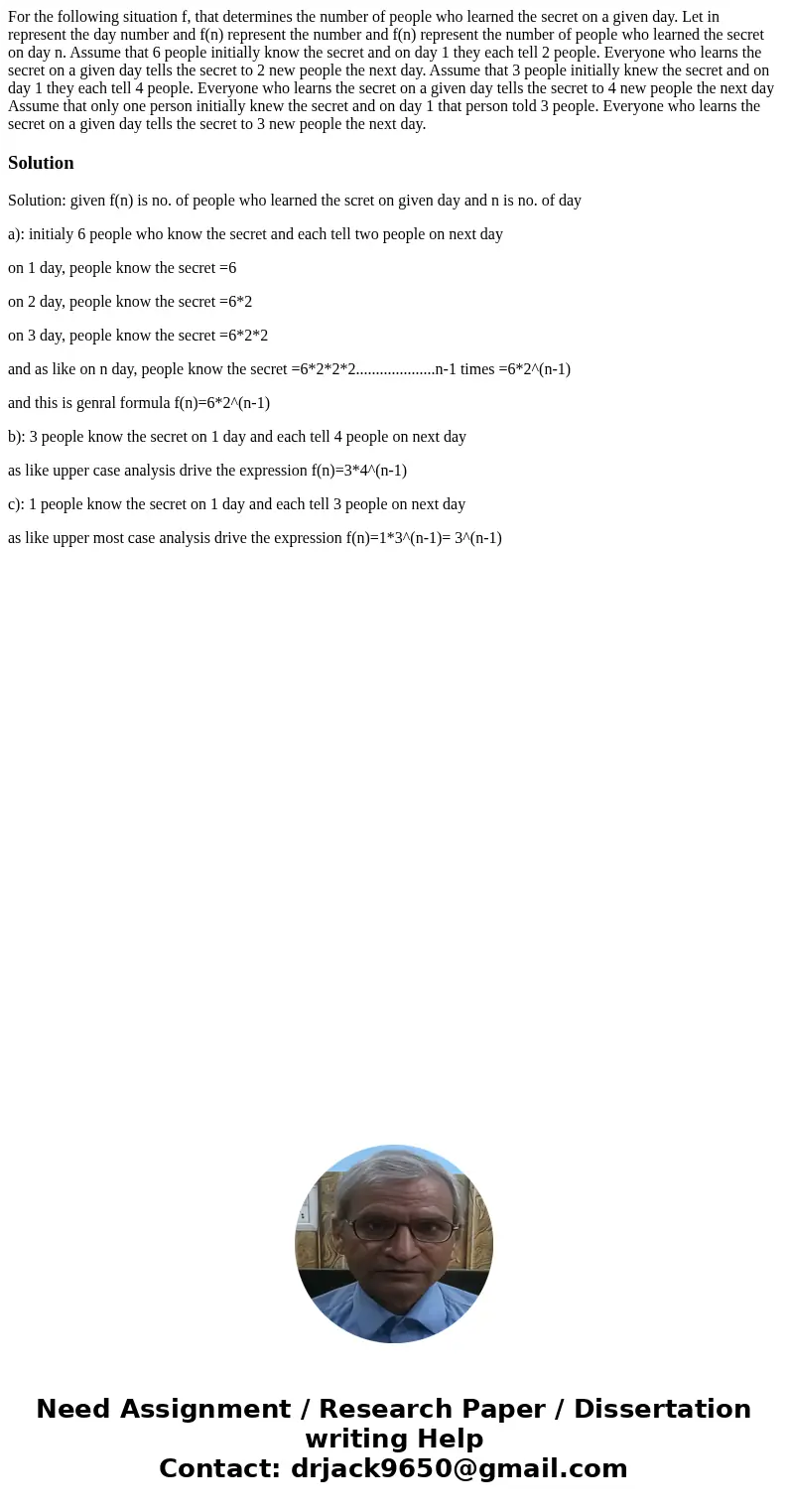  For the following situation f, that determines the number of people who learned the secret on a given day. Let in represent the day number and f(n) represent t