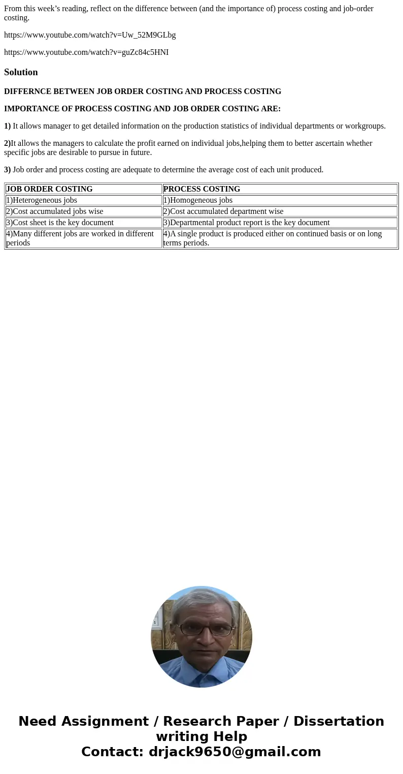 From this week’s reading, reflect on the difference between (and the importance of) process costing and job-order costing. https://www.youtube.com/watch?v=Uw_52