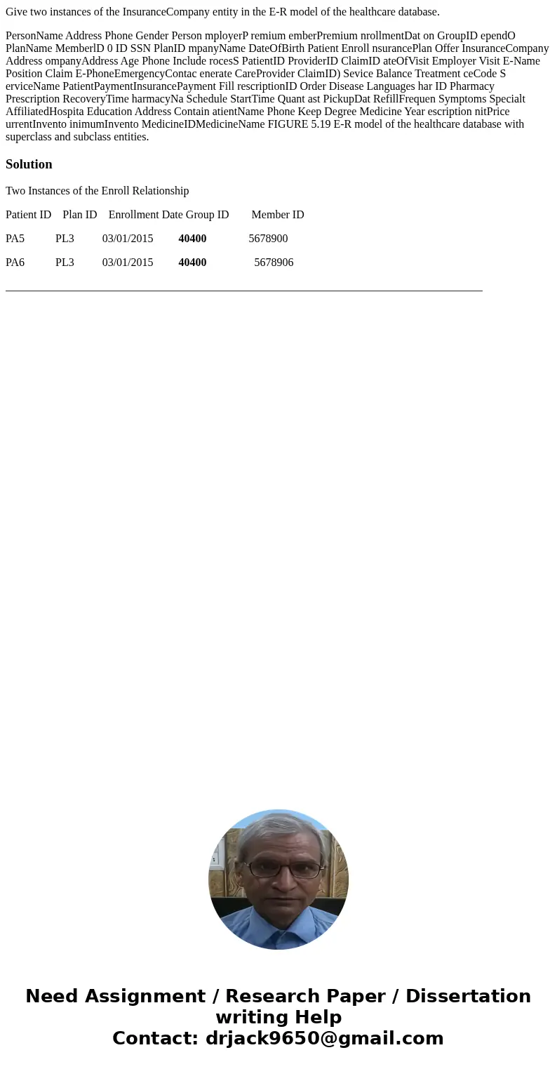 Give two instances of the InsuranceCompany entity in the E-R model of the healthcare database. PersonName Address Phone Gender Person mployerP remium emberPremi