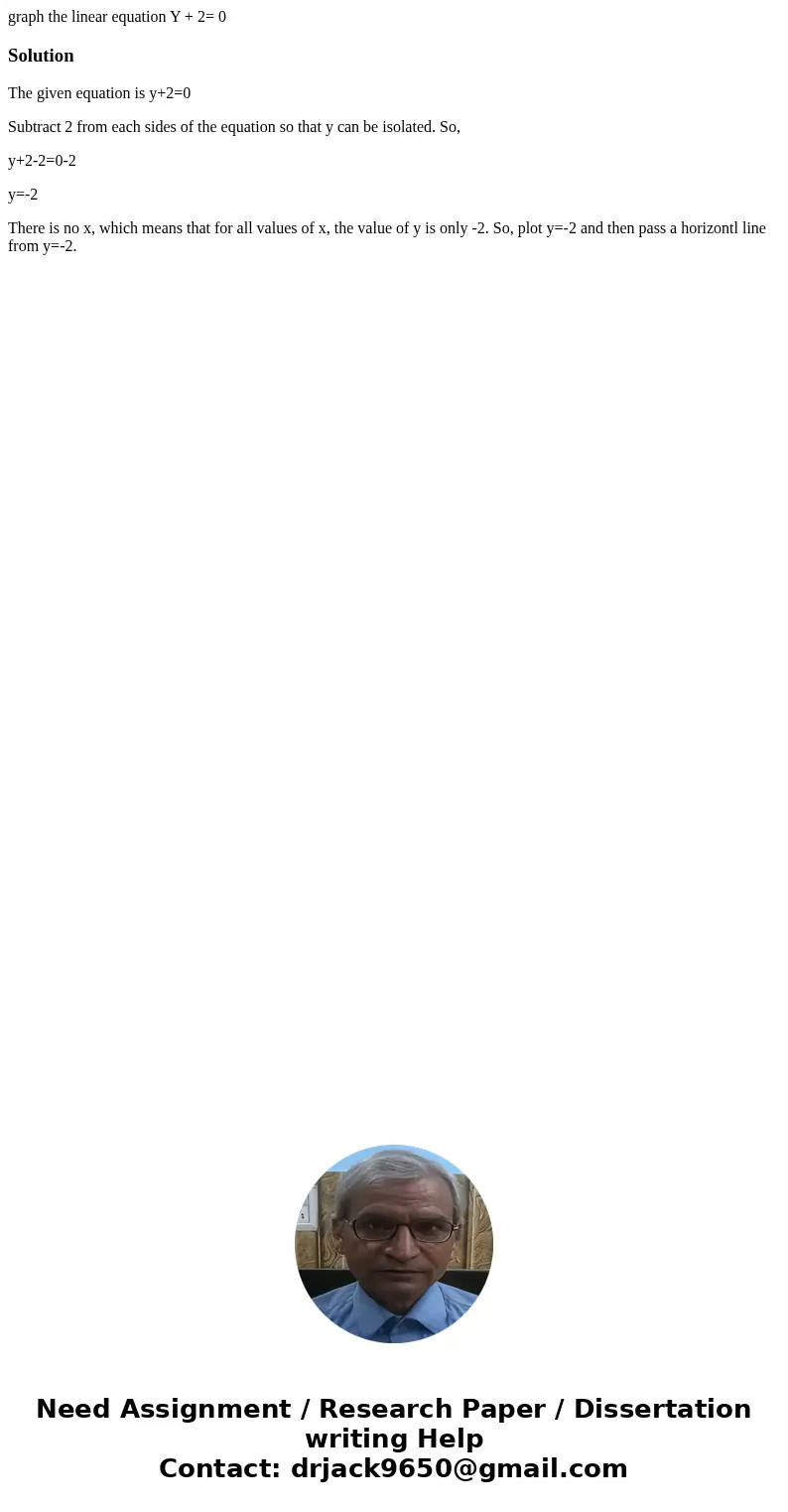 graph the linear equation Y + 2= 0SolutionThe given equation is y+2=0 Subtract 2 from each sides of the equation so that y can be isolated. So, y+2-2=0-2 y=-2 T graph the linear equation Y + 2= 0SolutionThe given equation is y+2=0 Subtract 2 from each sides of the equation so that y can be isolated. So, y+2-2=0-2 y=-2 T