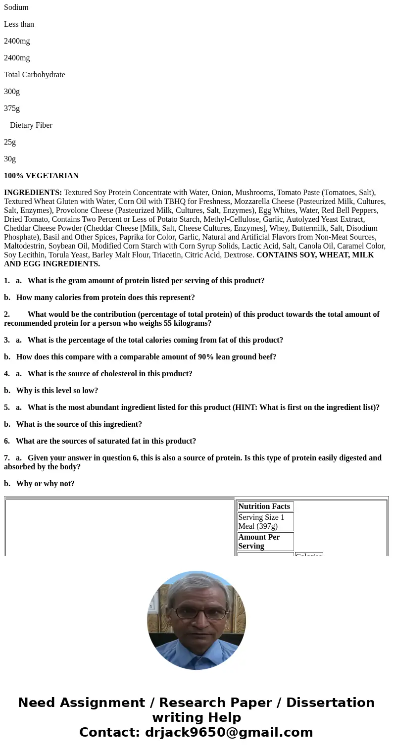 Help with answering these questions for my Human Health Class Biology 2020 INGREDIENTS: COOKED FETTUCCINI PASTA (WATER, SEMOLINA [DURUM WHEAT, NIACIN, IRON, FER