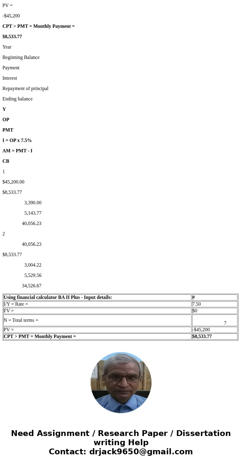 Here is the question 4. You take out an amortized loan... You take out an amortized loan of $45,200 at a 7.5% annual interest rate, with a 7 year repayment sche