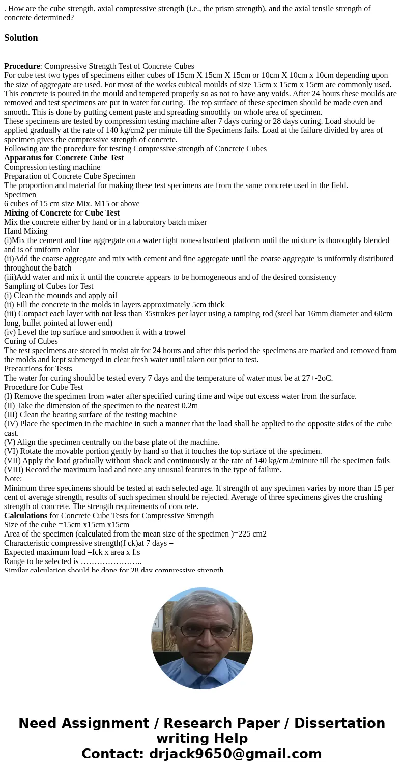 . How are the cube strength, axial compressive strength (i.e., the prism strength), and the axial tensile strength of concrete determined? Solution Procedure: 
