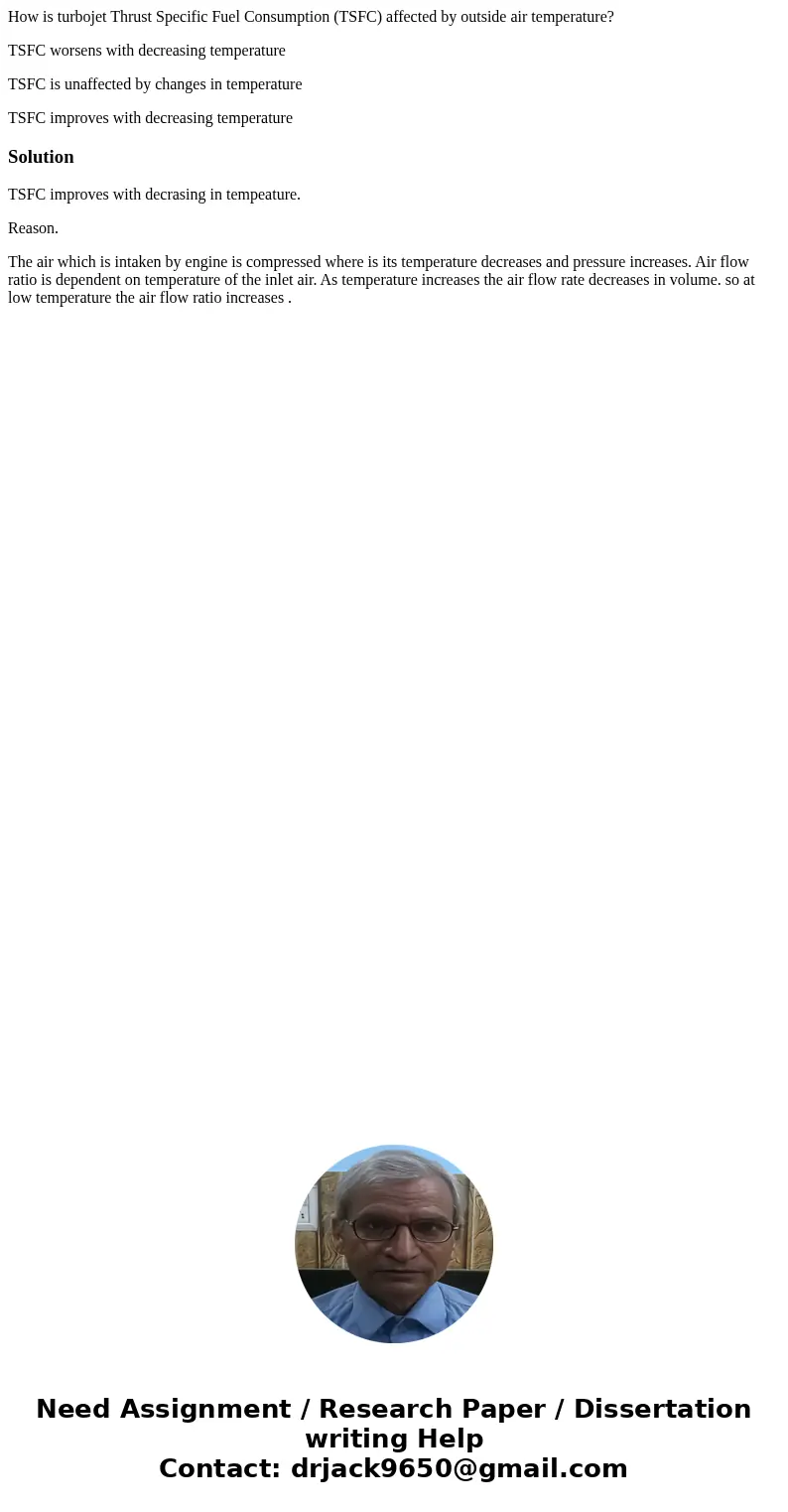 How is turbojet Thrust Specific Fuel Consumption (TSFC) affected by outside air temperature? TSFC worsens with decreasing temperature TSFC is unaffected by chan