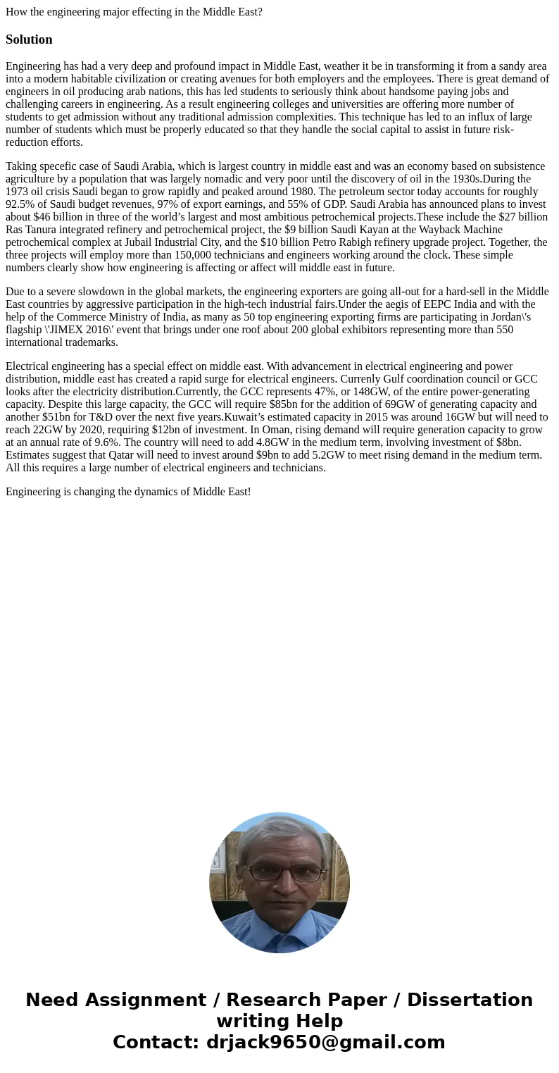 How the engineering major effecting in the Middle East?SolutionEngineering has had a very deep and profound impact in Middle East, weather it be in transforming