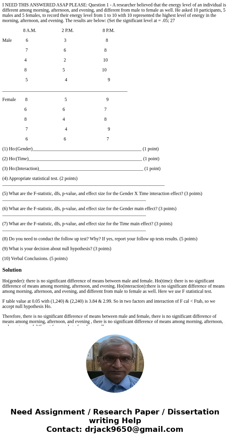 I NEED THIS ANSWERED ASAP PLEASE: Question 1 - A researcher believed that the energy level of an individual is different among morning, afternoon, and evening, 