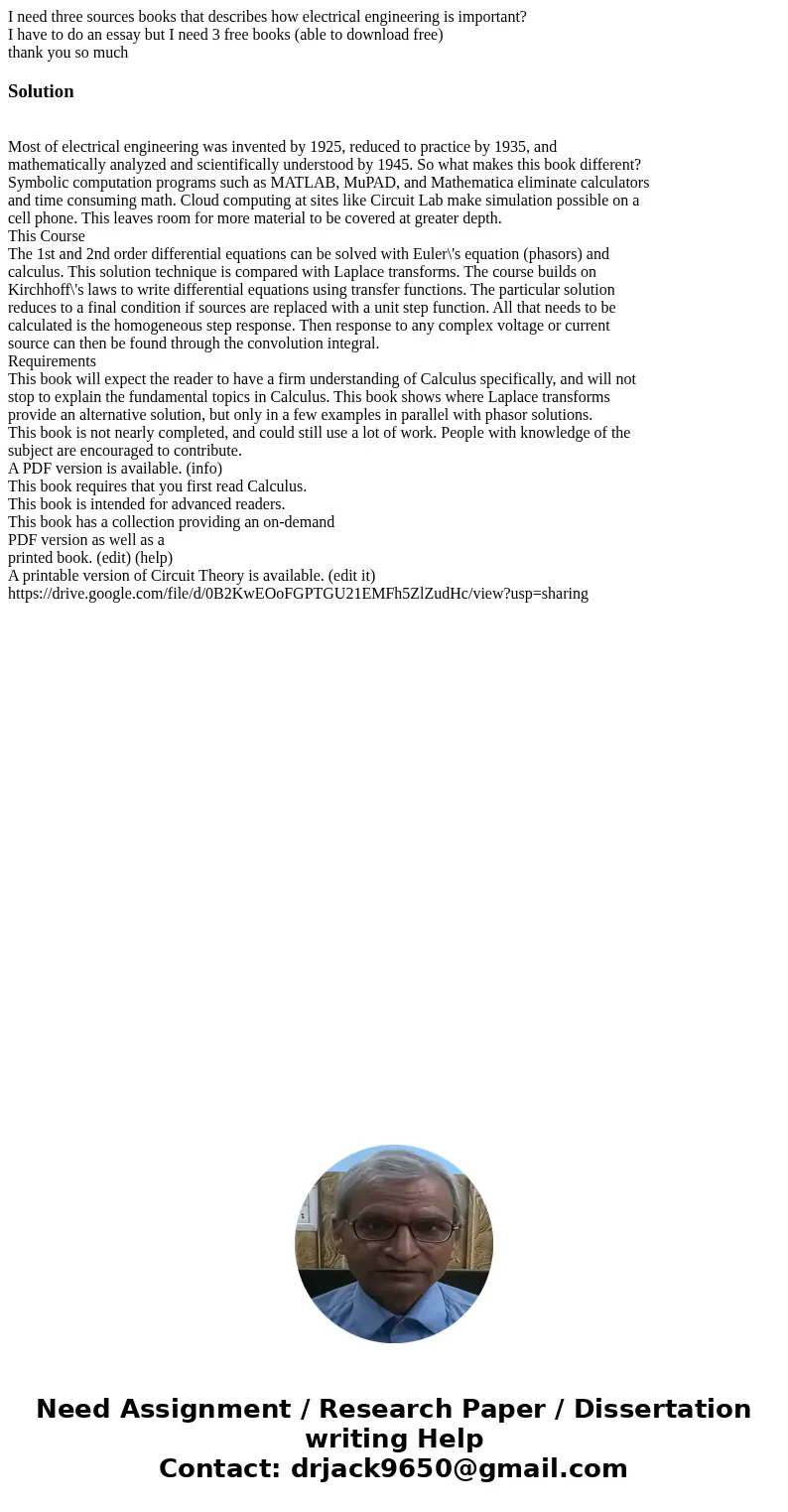 I need three sources books that describes how electrical engineering is important? I have to do an essay but I need 3 free books (able to download free) thank y I need three sources books that describes how electrical engineering is important? I have to do an essay but I need 3 free books (able to download free) thank y
