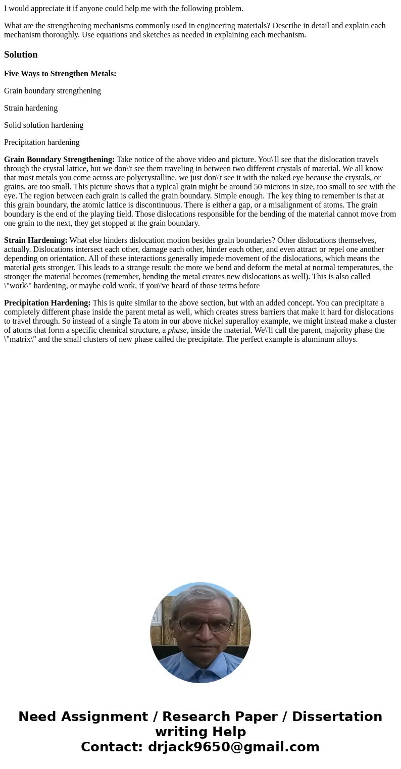 I would appreciate it if anyone could help me with the following problem. What are the strengthening mechanisms commonly used in engineering materials? Describe