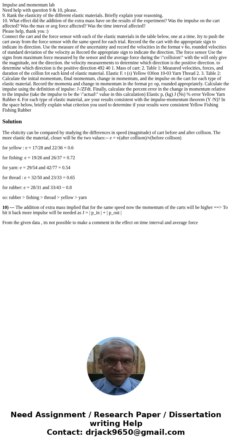 Impulse and momentum lab Need help with question 9 & 10, please. 9. Rank the elasticity of the different elastic materials. Briefly explain your reasoning. 