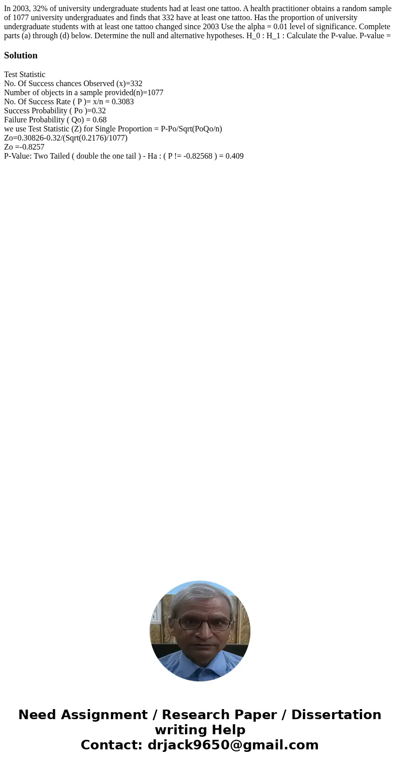  In 2003, 32% of university undergraduate students had at least one tattoo. A health practitioner obtains a random sample of 1077 university undergraduates and 