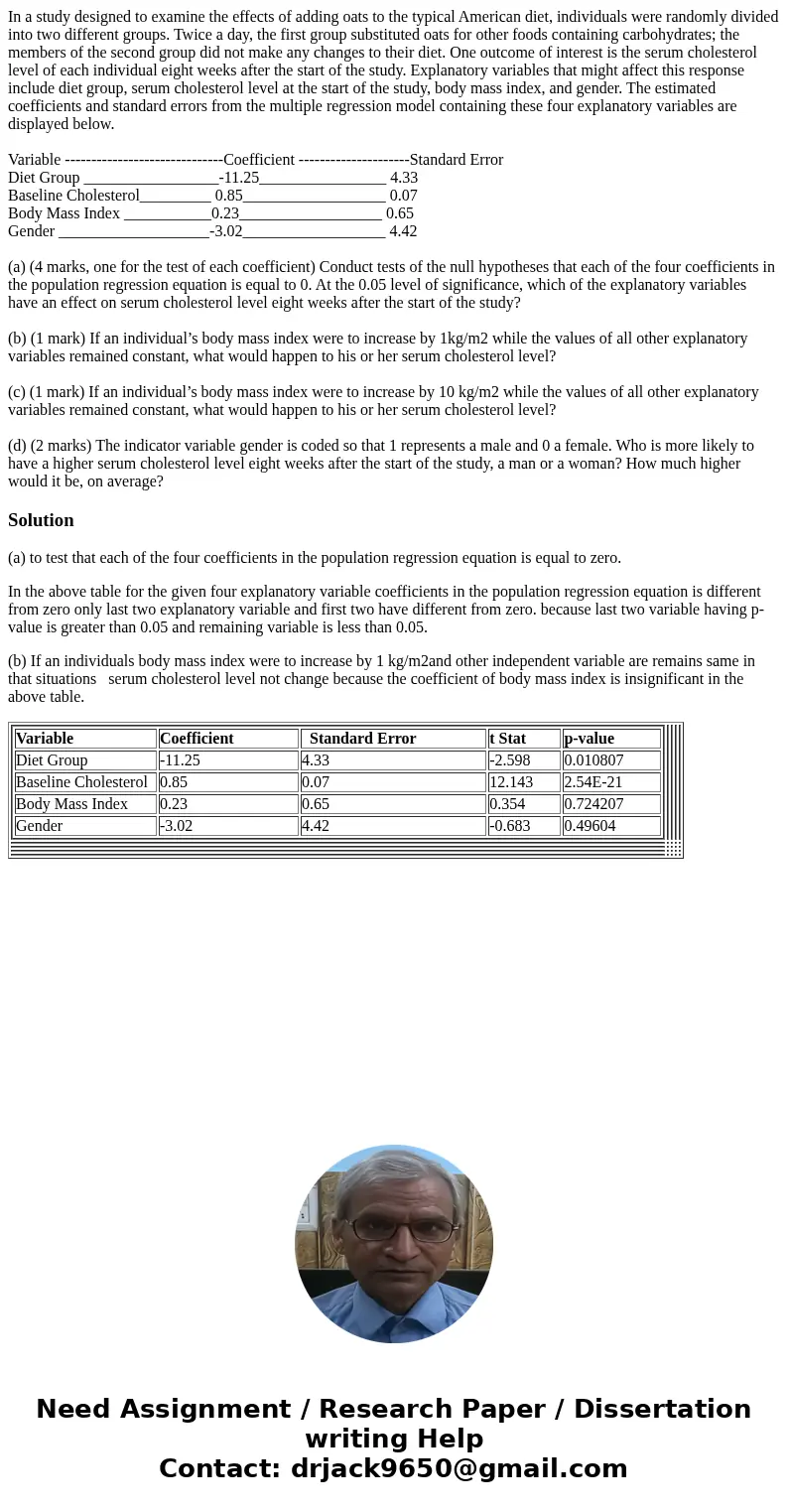 In a study designed to examine the effects of adding oats to the typical American diet, individuals were randomly divided into two different groups. Twice a day