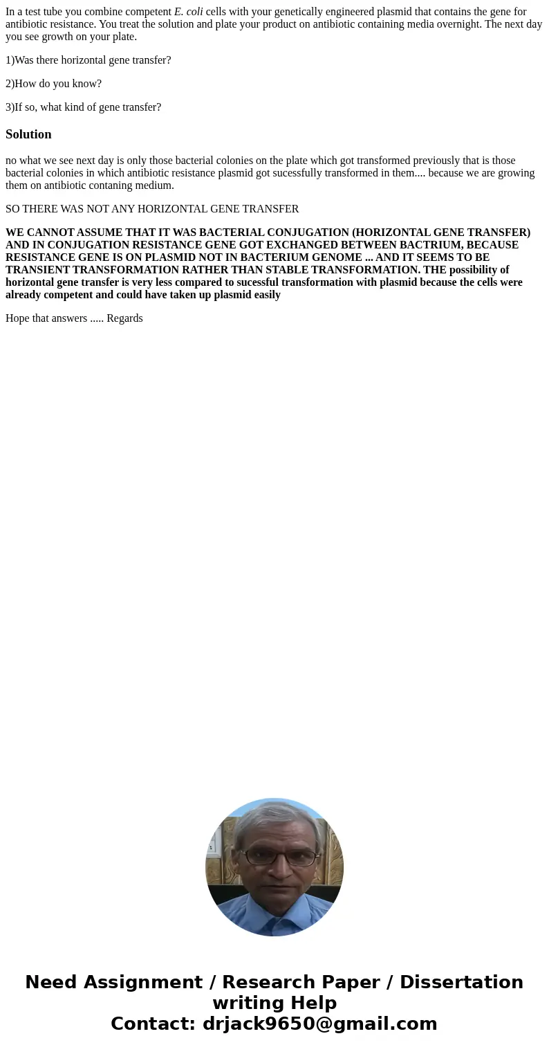 In a test tube you combine competent E. coli cells with your genetically engineered plasmid that contains the gene for antibiotic resistance. You treat the solu