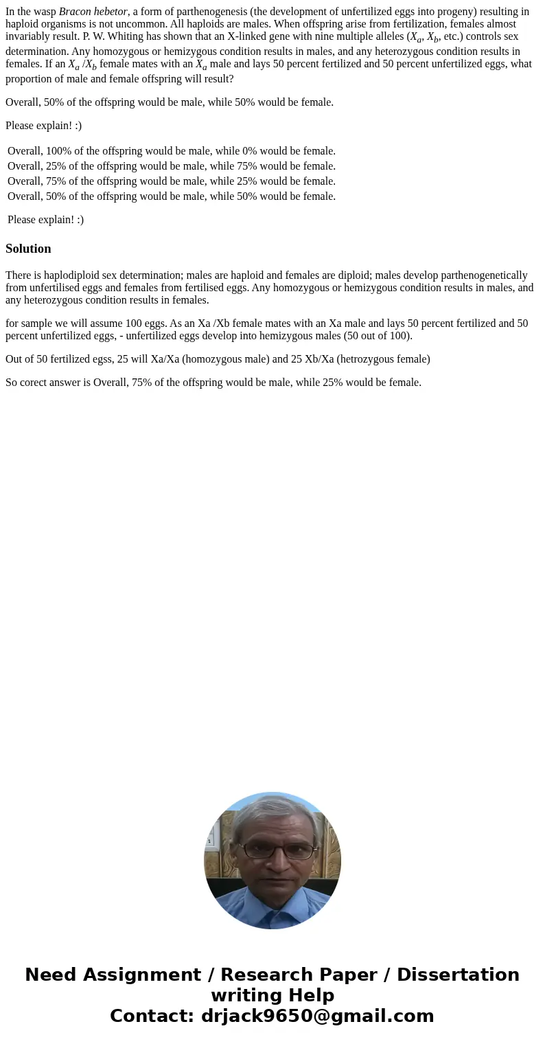 In the wasp Bracon hebetor, a form of parthenogenesis (the development of unfertilized eggs into progeny) resulting in haploid organisms is not uncommon. All ha