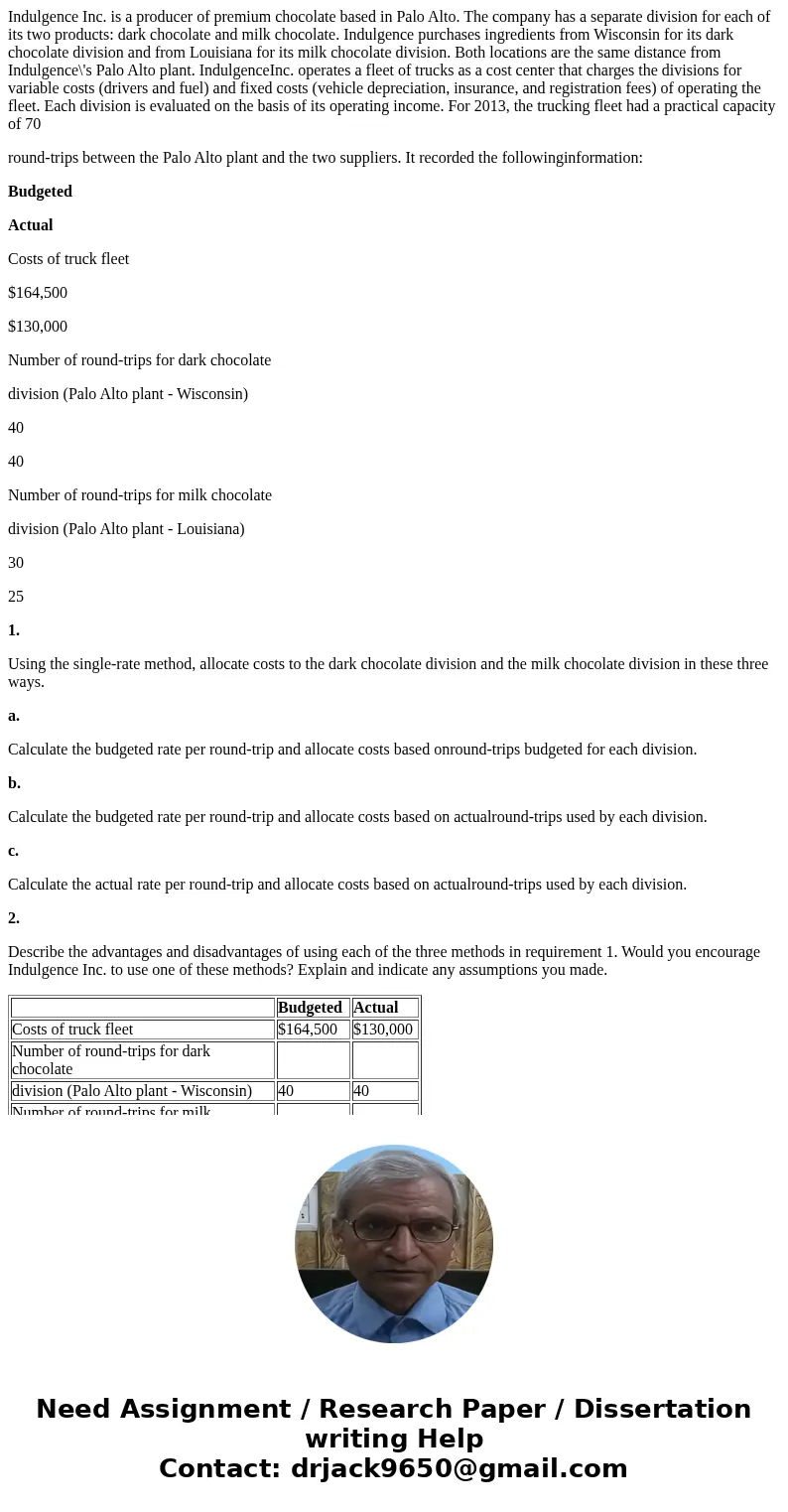 Indulgence Inc. is a producer of premium chocolate based in Palo Alto. The company has a separate division for each of its two products: dark chocolate and milk