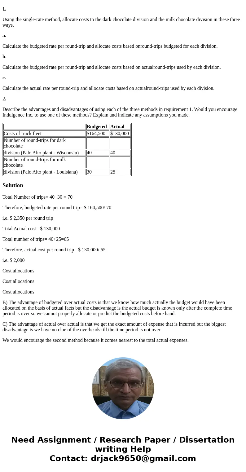 Indulgence Inc. is a producer of premium chocolate based in Palo Alto. The company has a separate division for each of its two products: dark chocolate and milk