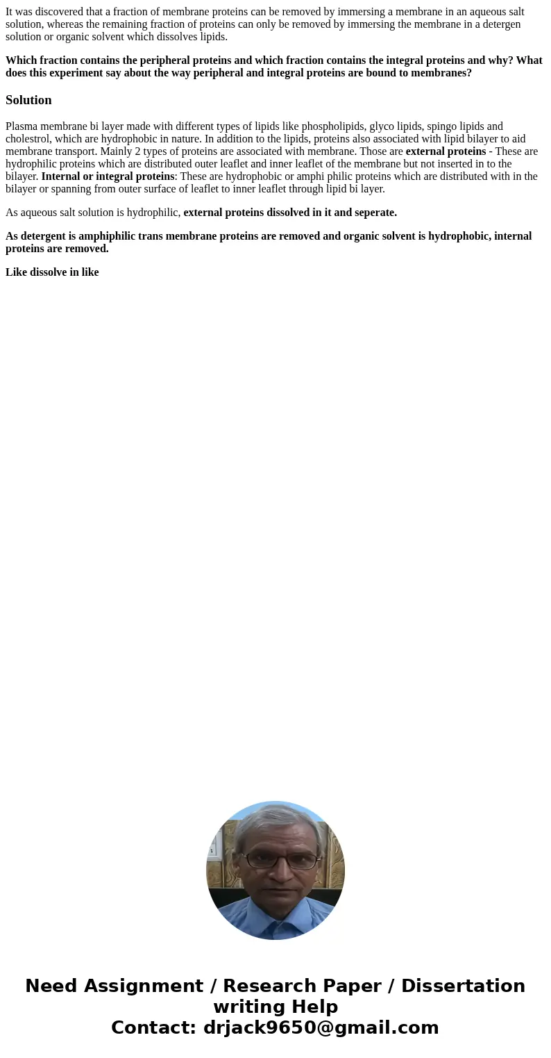 It was discovered that a fraction of membrane proteins can be removed by immersing a membrane in an aqueous salt solution, whereas the remaining fraction of pro