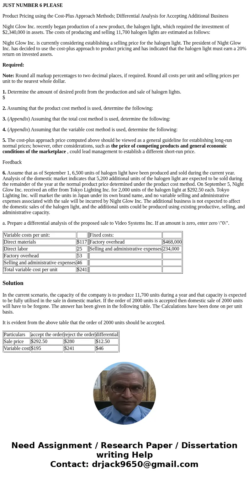 JUST NUMBER 6 PLEASE Product Pricing using the Cost-Plus Approach Methods; Differential Analysis for Accepting Additional Business Night Glow Inc. recently bega