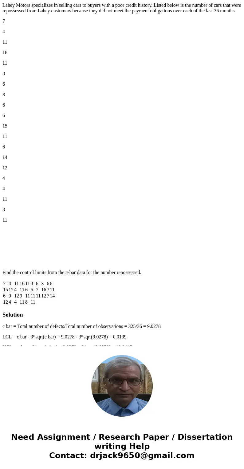 Lahey Motors specializes in selling cars to buyers with a poor credit history. Listed below is the number of cars that were repossessed from Lahey customers bec