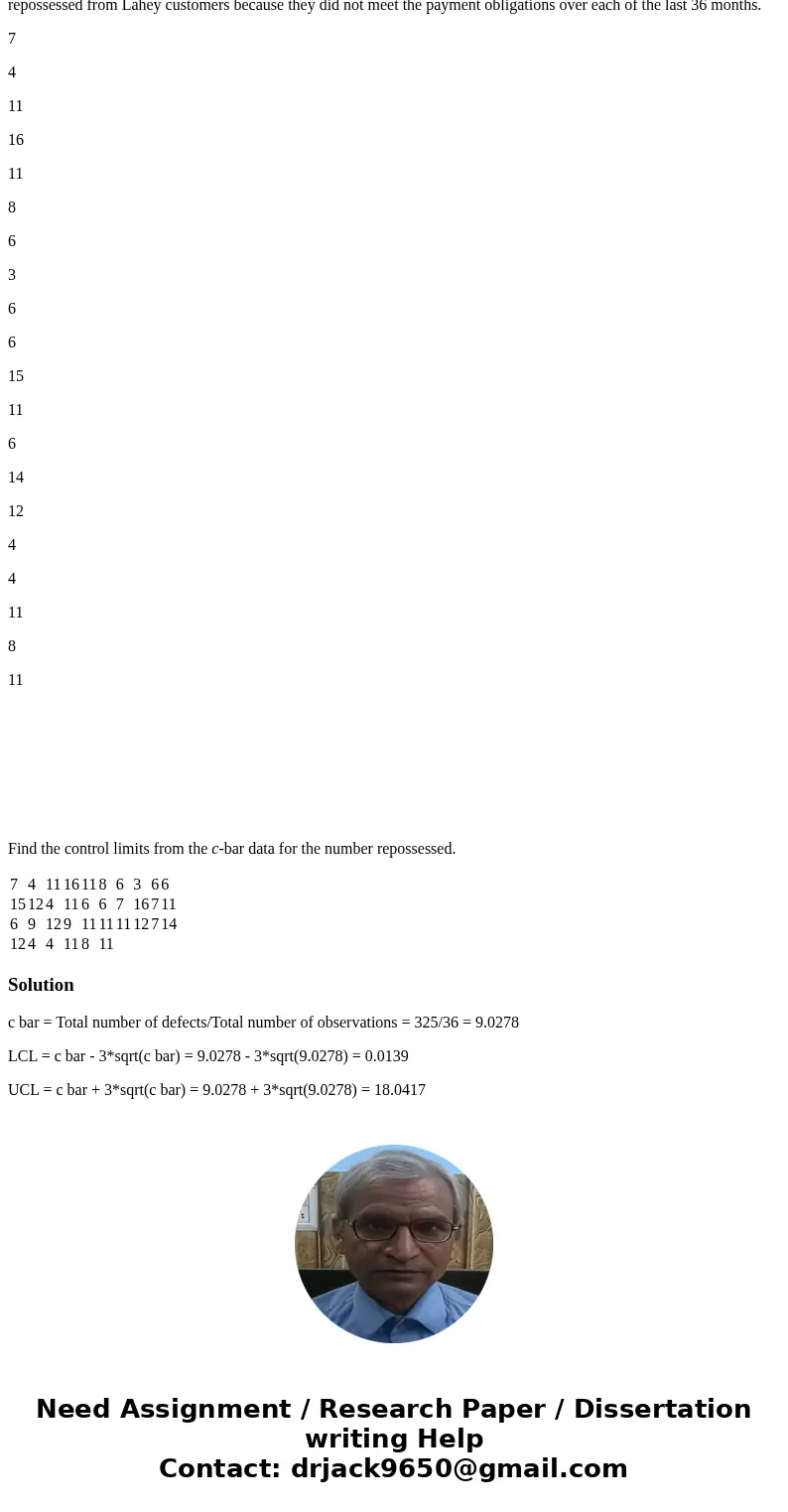 Lahey Motors specializes in selling cars to buyers with a poor credit history. Listed below is the number of cars that were repossessed from Lahey customers bec