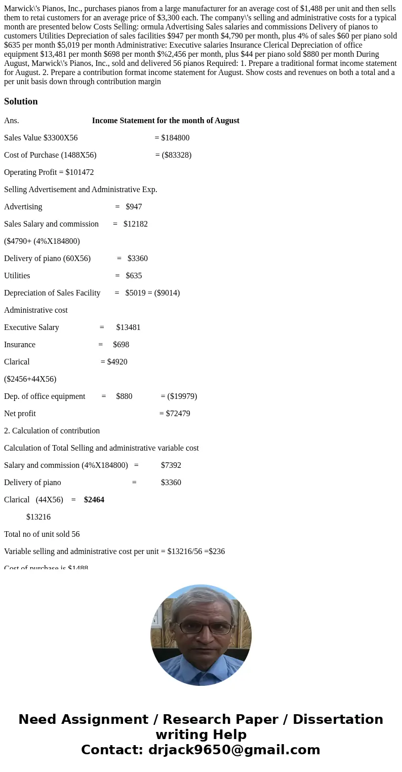  Marwick\'s Pianos, Inc., purchases pianos from a large manufacturer for an average cost of $1,488 per unit and then sells them to retai customers for an averag