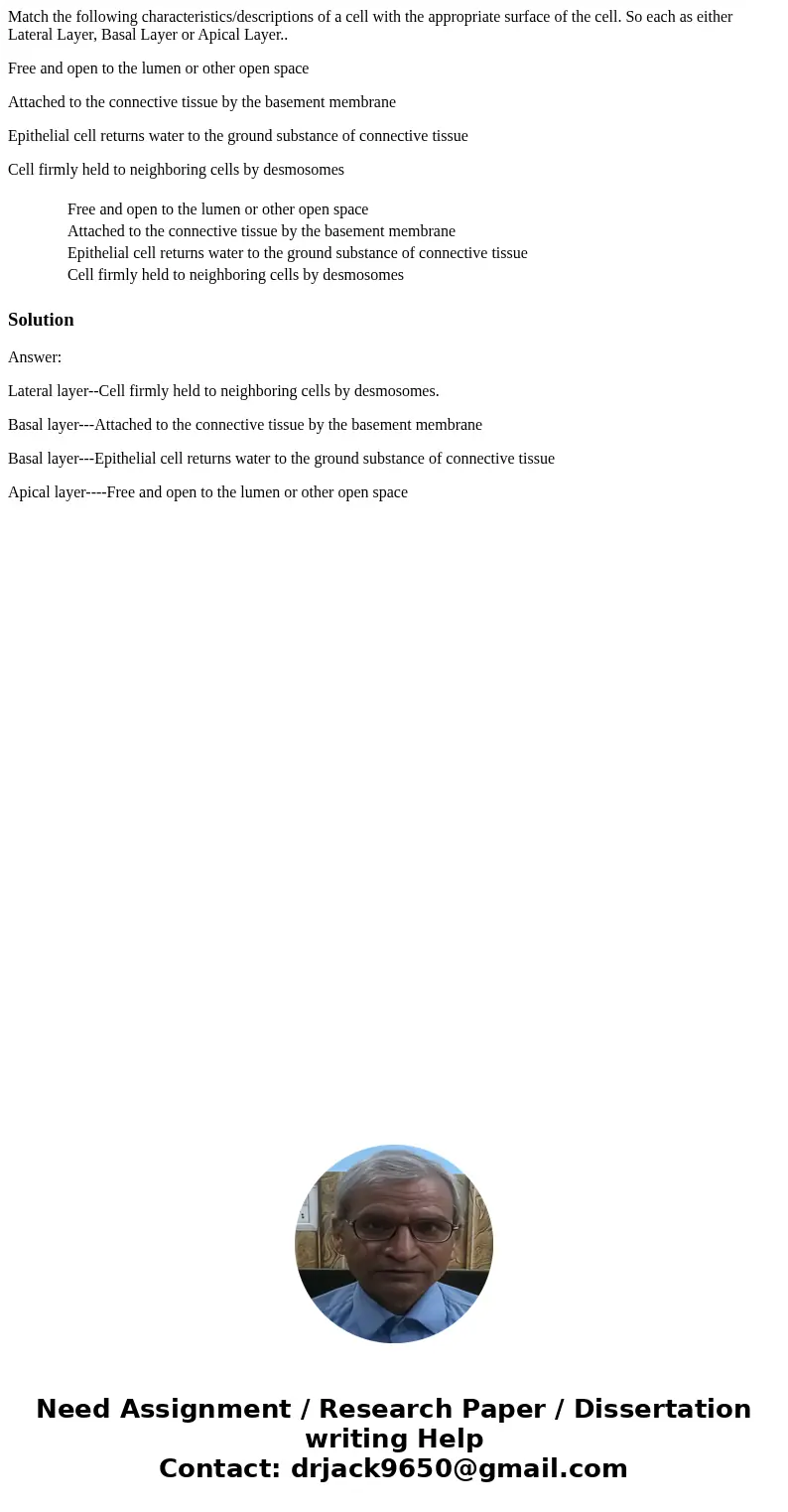 Match the following characteristics/descriptions of a cell with the appropriate surface of the cell. So each as either Lateral Layer, Basal Layer or Apical Laye Match the following characteristics/descriptions of a cell with the appropriate surface of the cell. So each as either Lateral Layer, Basal Layer or Apical Laye