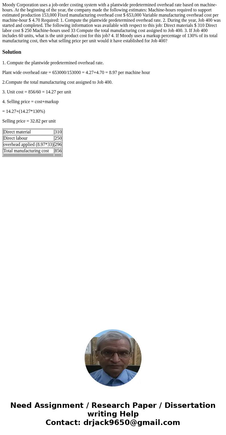 Moody Corporation uses a job-order costing system with a plantwide predetermined overhead rate based on machine-hours. At the beginning of the year, the company Moody Corporation uses a job-order costing system with a plantwide predetermined overhead rate based on machine-hours. At the beginning of the year, the company