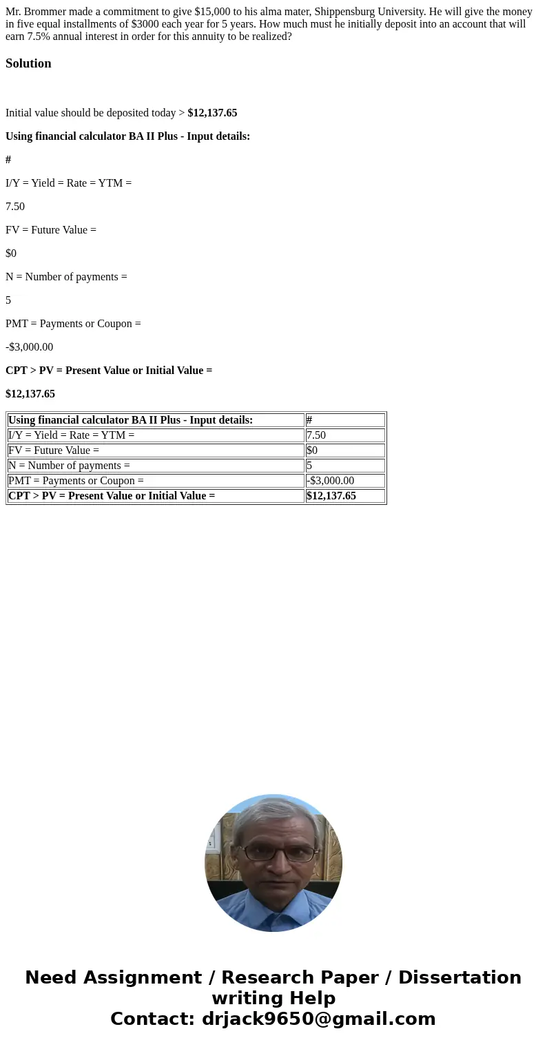 Mr. Brommer made a commitment to give $15,000 to his alma mater, Shippensburg University. He will give the money in five equal installments of $3000 each year f
