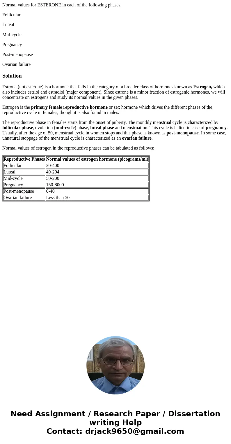 Normal values for ESTERONE in each of the following phases Follicular Luteal Mid-cycle Pregnancy Post-menopause Ovarian failureSolutionEstrone (not esterone) is