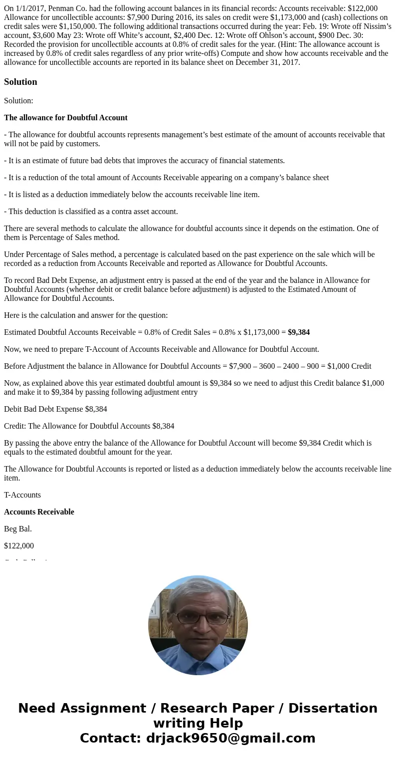 On 1/1/2017, Penman Co. had the following account balances in its financial records: Accounts receivable: $122,000 Allowance for uncollectible accounts: $7,900 