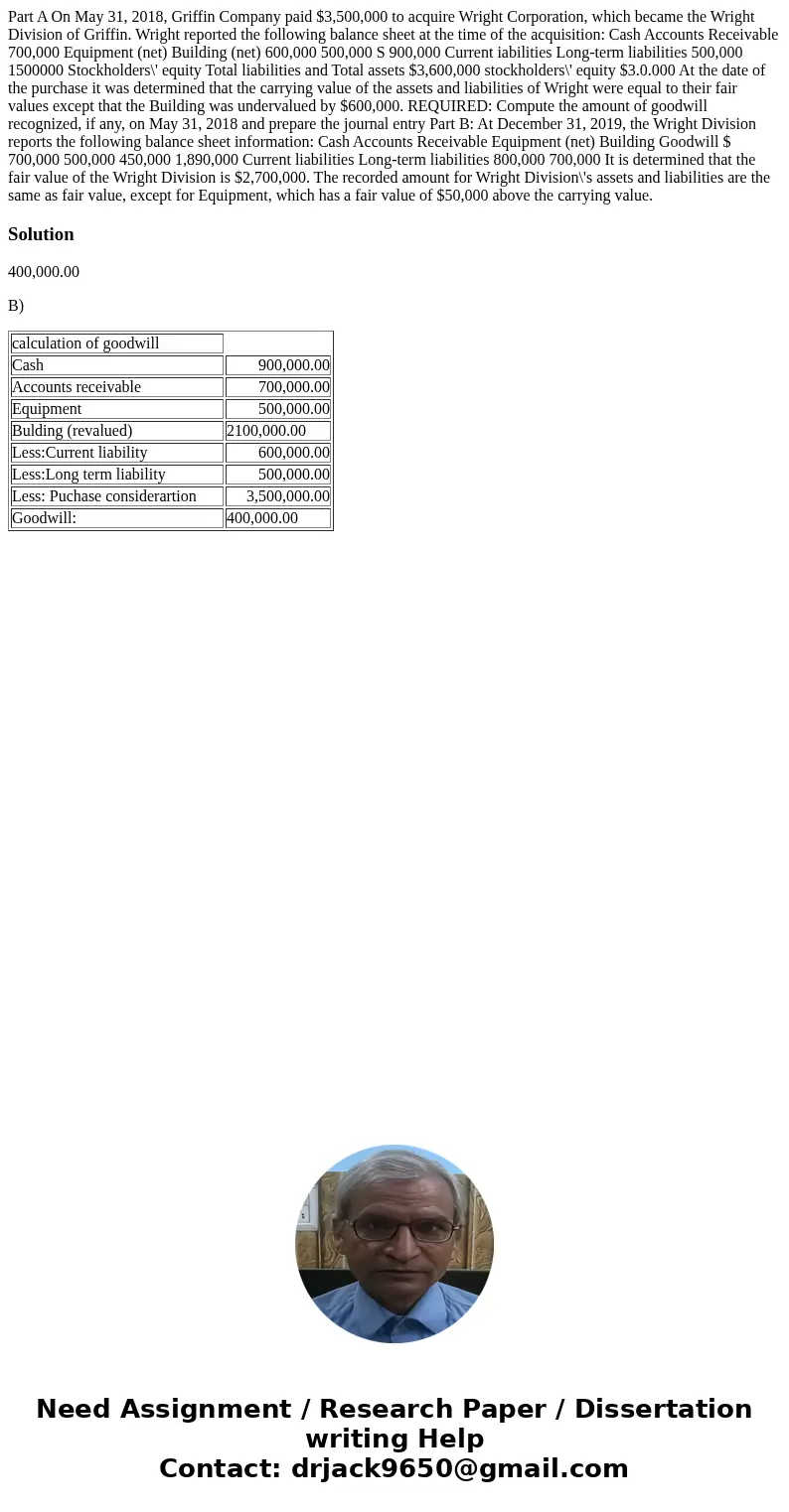  Part A On May 31, 2018, Griffin Company paid $3,500,000 to acquire Wright Corporation, which became the Wright Division of Griffin. Wright reported the followi