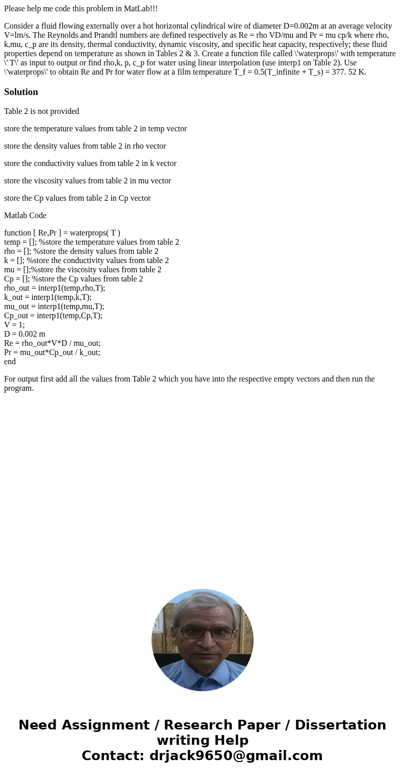 Please help me code this problem in MatLab!!! Consider a fluid flowing externally over a hot horizontal cylindrical wire of diameter D=0.002m at an average velo