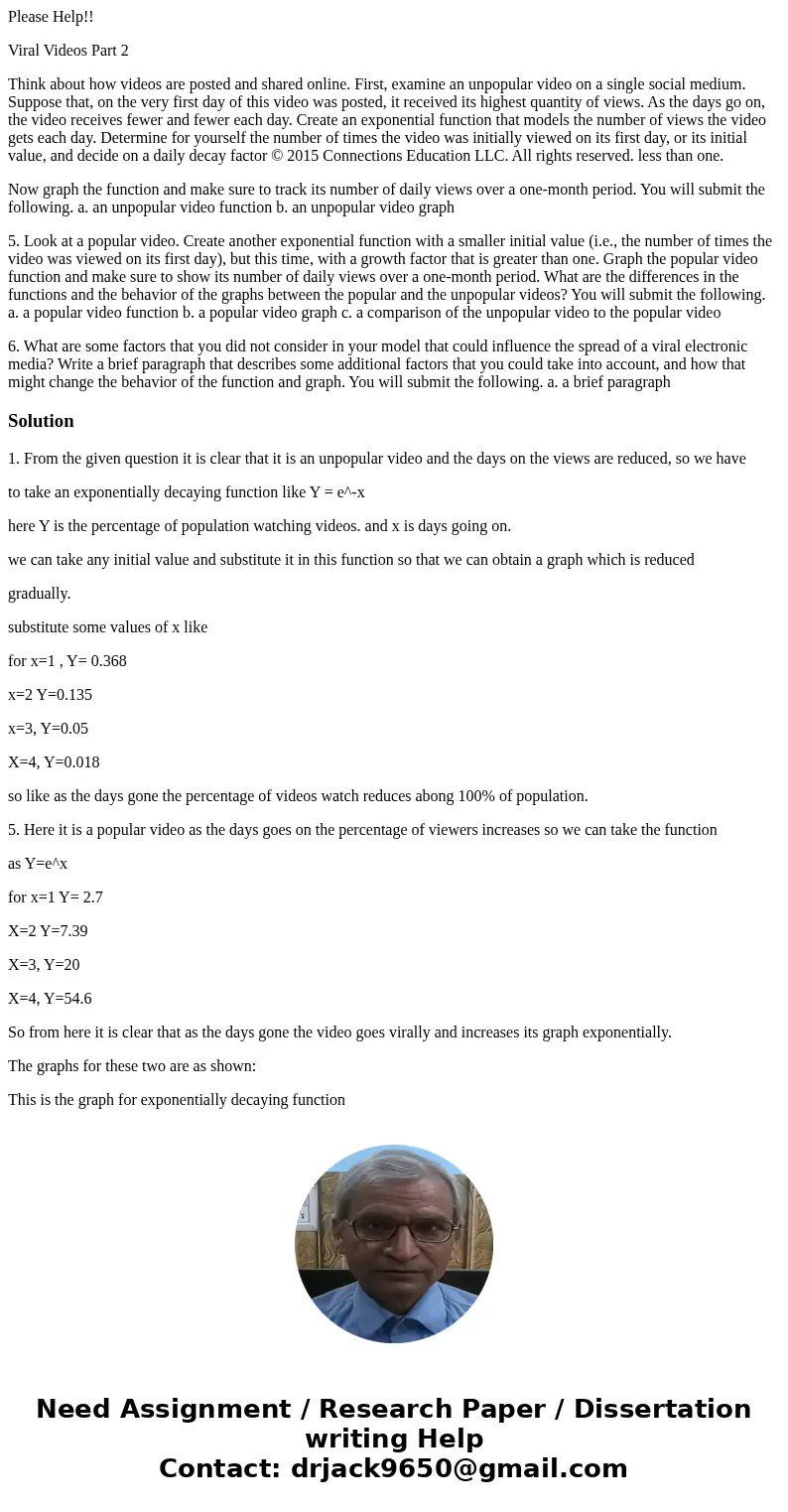 Please Help!! Viral Videos Part 2 Think about how videos are posted and shared online. First, examine an unpopular video on a single social medium. Suppose that