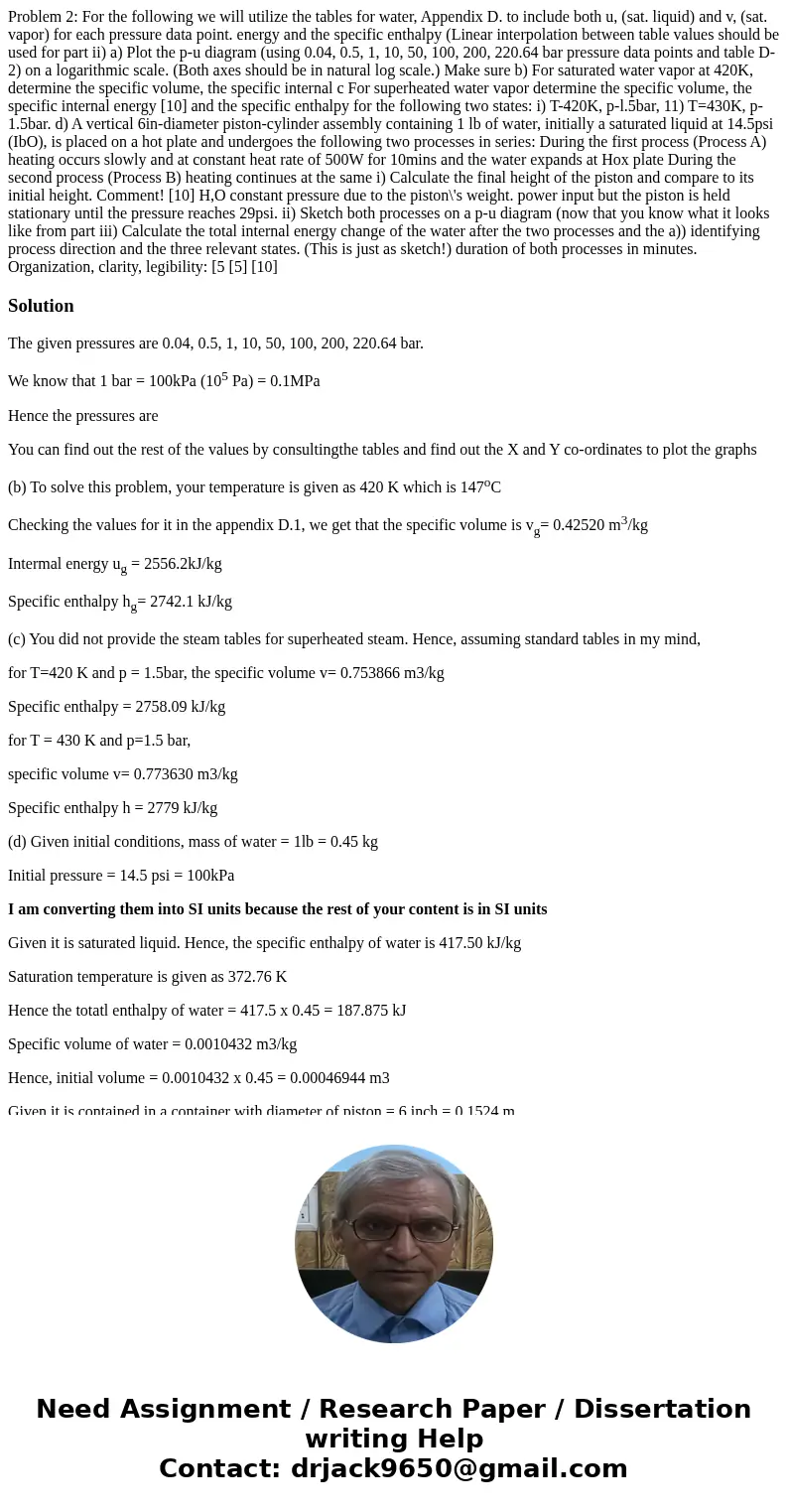  Problem 2: For the following we will utilize the tables for water, Appendix D. to include both u, (sat. liquid) and v, (sat. vapor) for each pressure data poin