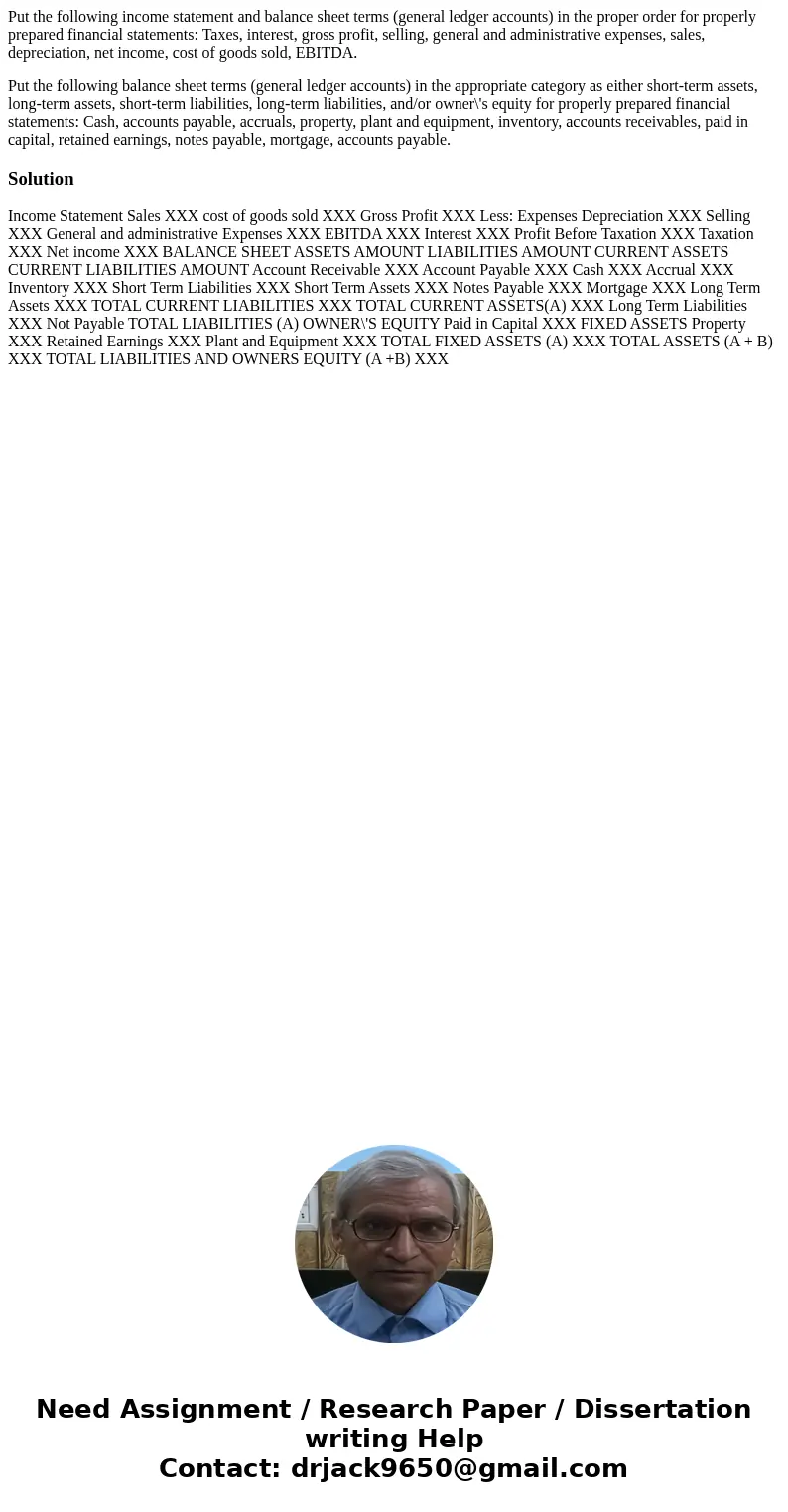 Put the following income statement and balance sheet terms (general ledger accounts) in the proper order for properly prepared financial statements: Taxes, inte