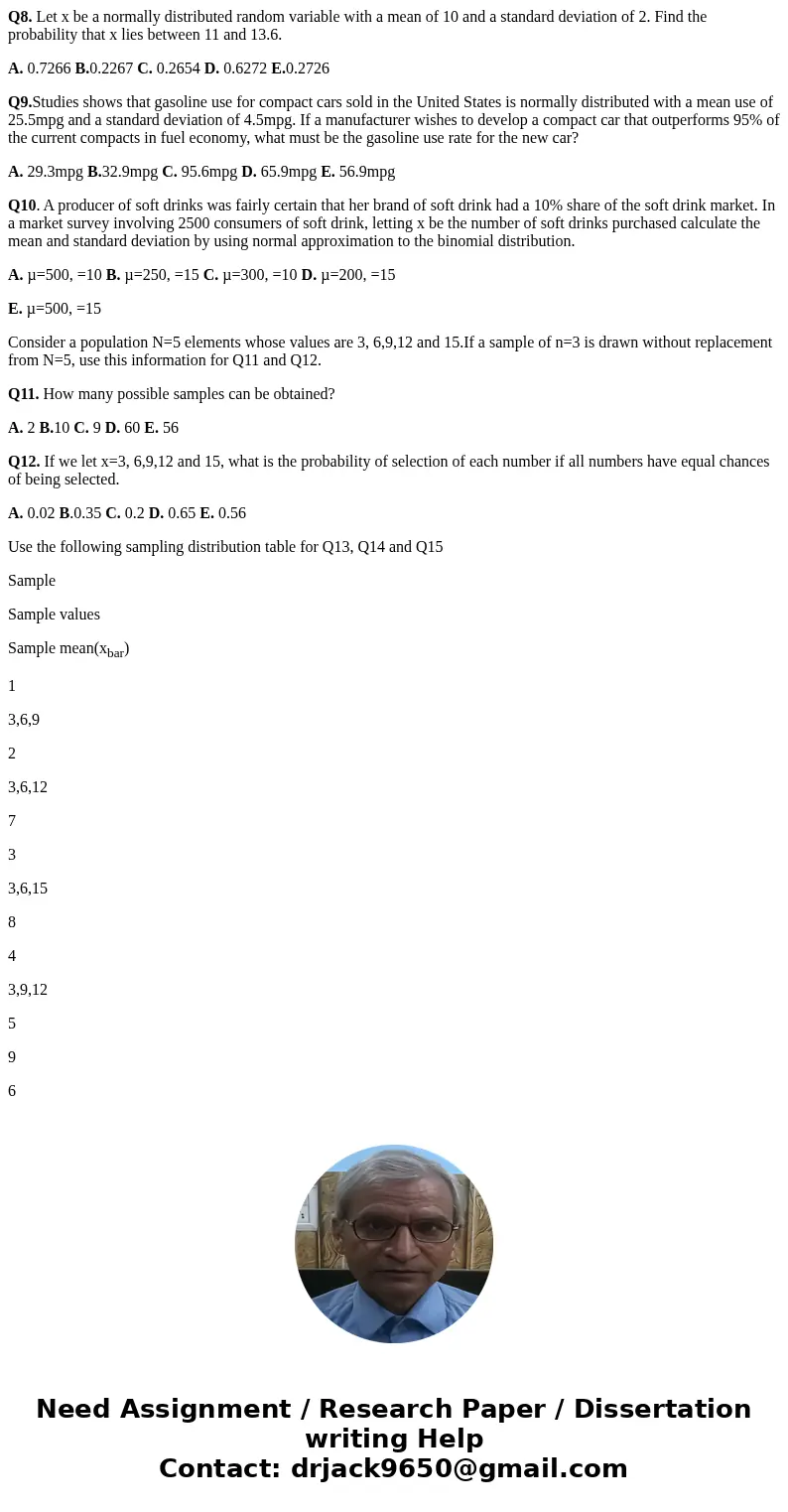Q8. Let x be a normally distributed random variable with a mean of 10 and a standard deviation of 2. Find the probability that x lies between 11 and 13.6. A. 0.