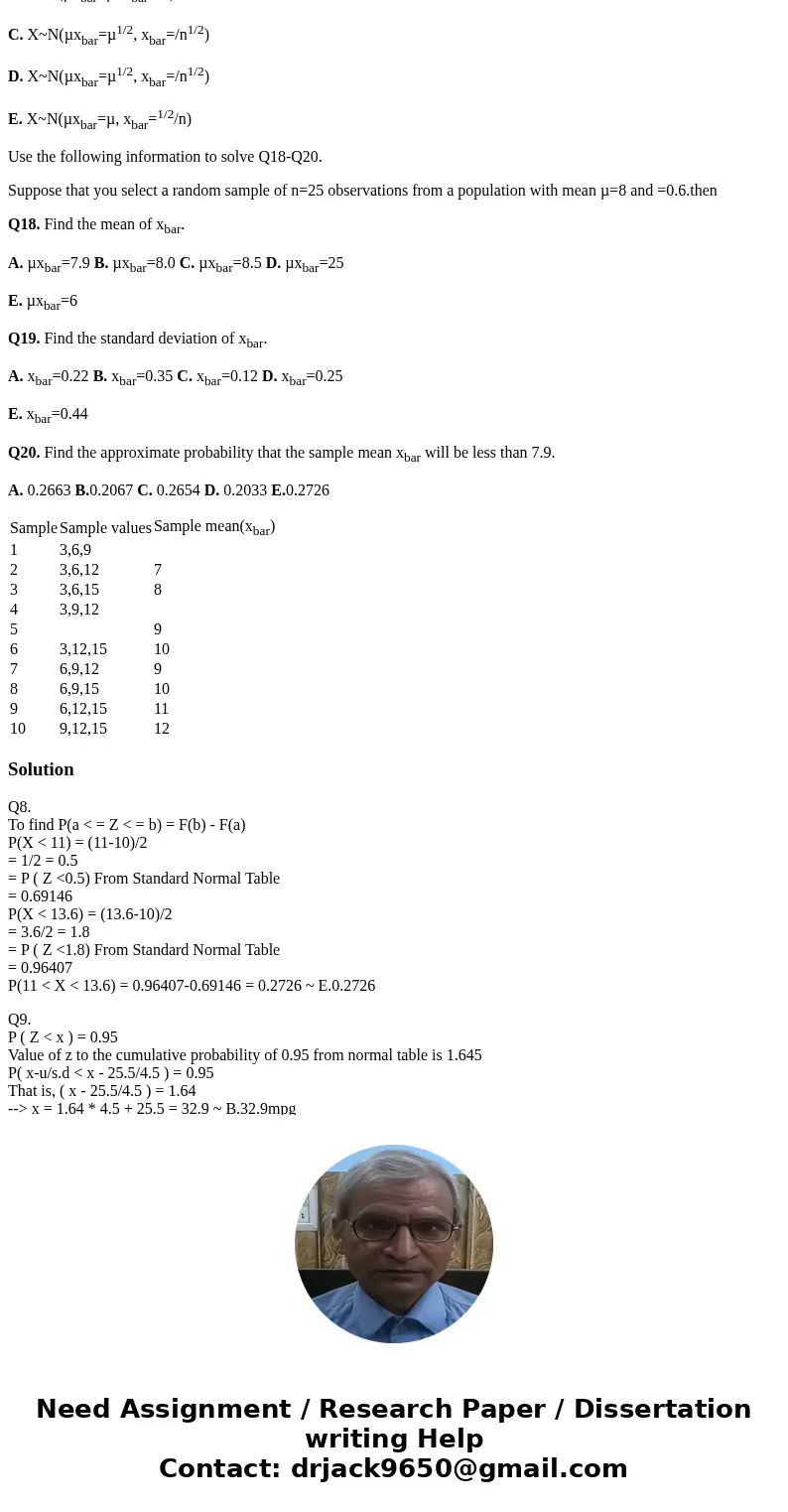 Q8. Let x be a normally distributed random variable with a mean of 10 and a standard deviation of 2. Find the probability that x lies between 11 and 13.6. A. 0.