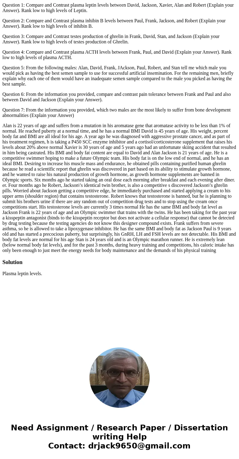 Question 1: Compare and Contrast plasma leptin levels between David, Jackson, Xavier, Alan and Robert (Explain your Answer). Rank low to high levels of Leptin. 