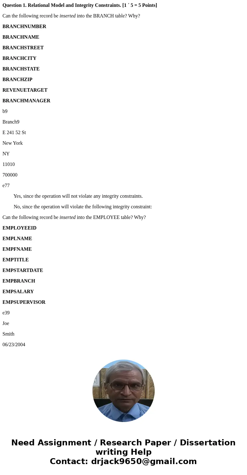 Question 1. Relational Model and Integrity Constraints. [1 ´ 5 = 5 Points] Can the following record be inserted into the BRANCH table? Why? BRANCHNUMBER BRANCHN