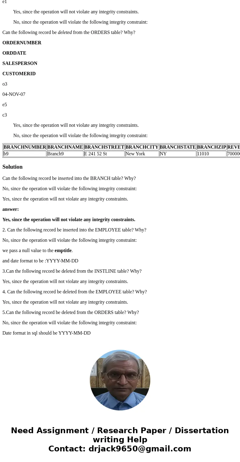 Question 1. Relational Model and Integrity Constraints. [1 ´ 5 = 5 Points] Can the following record be inserted into the BRANCH table? Why? BRANCHNUMBER BRANCHN