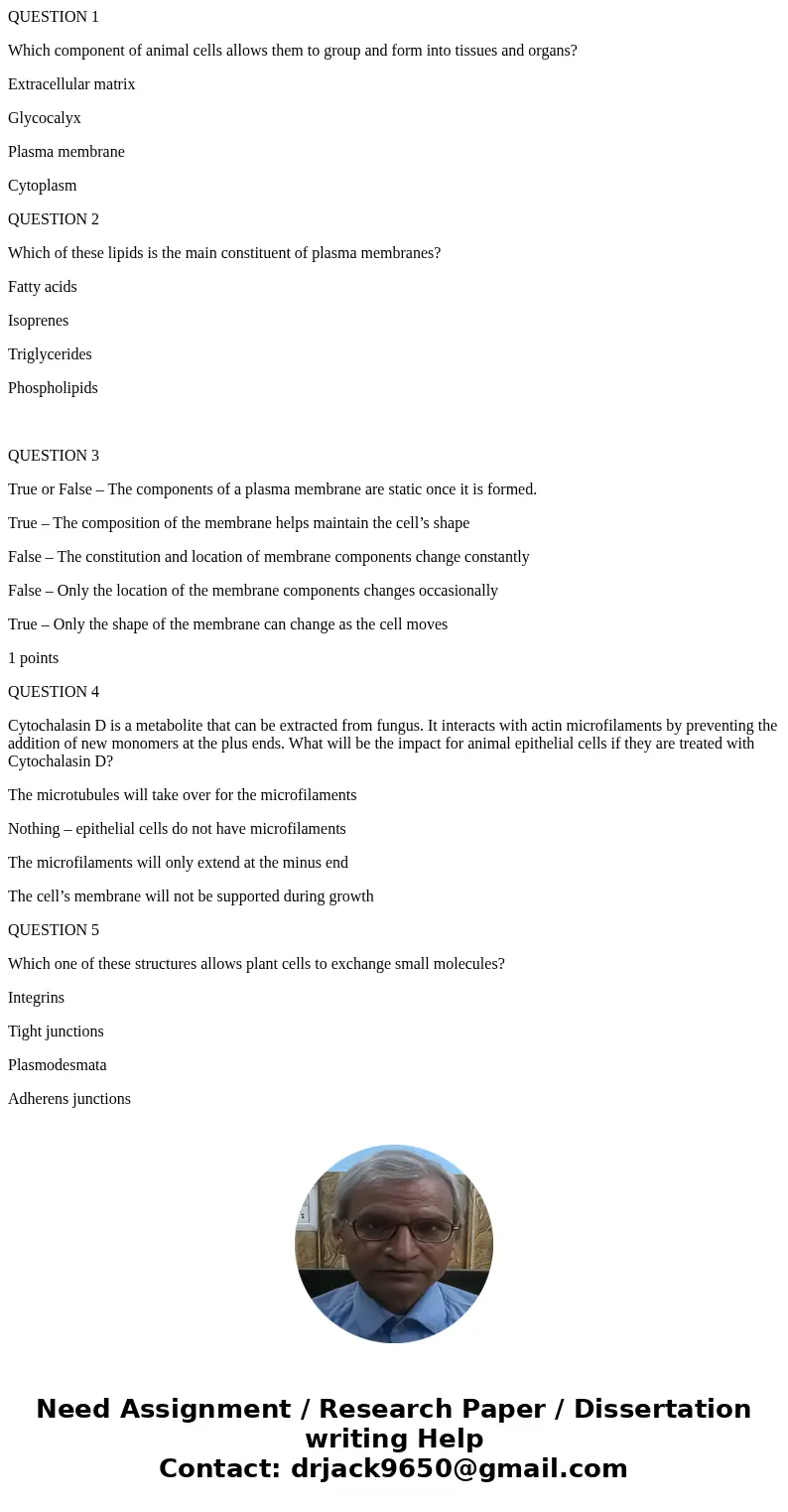 QUESTION 1 Which component of animal cells allows them to group and form into tissues and organs? Extracellular matrix Glycocalyx Plasma membrane Cytoplasm QUES