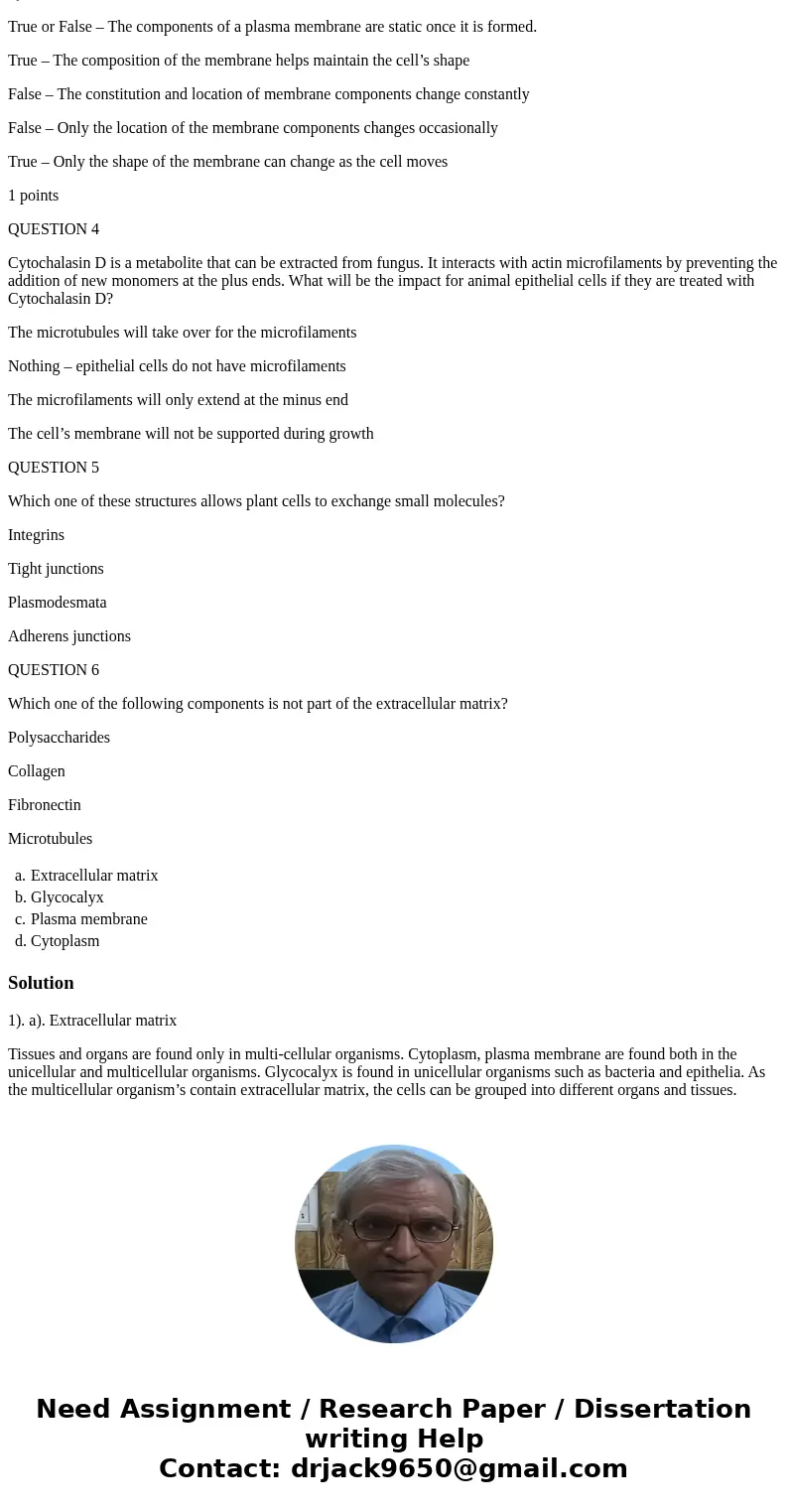 QUESTION 1 Which component of animal cells allows them to group and form into tissues and organs? Extracellular matrix Glycocalyx Plasma membrane Cytoplasm QUES