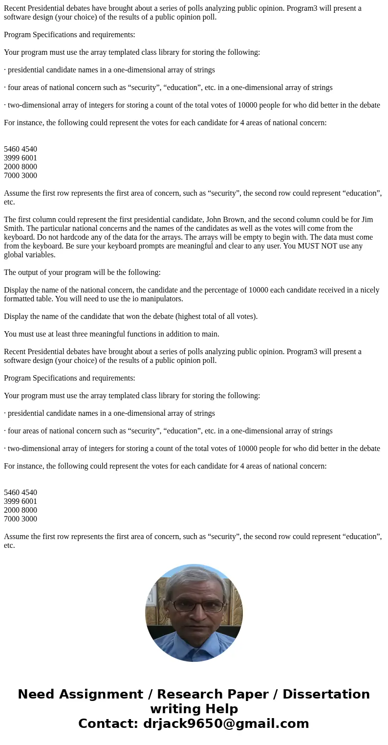  Recent Presidential debates have brought about a series of polls analyzing public opinion. Program3 will present a software design (your choice) of the results