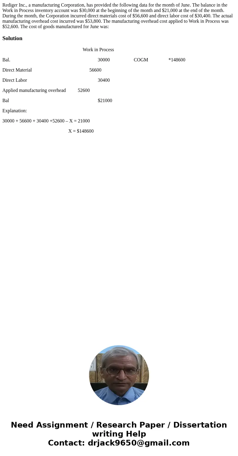 Rediger Inc., a manufacturing Corporation, has provided the following data for the month of June. The balance in the Work in Process inventory account was $30,0